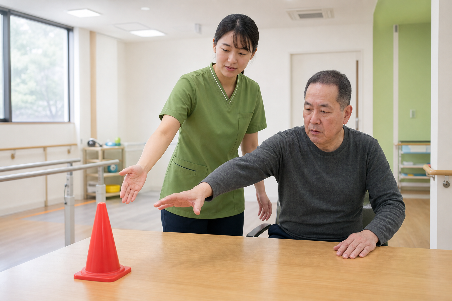 目標物に手を伸ばす練習を行う脳卒中後の方と作業療法士