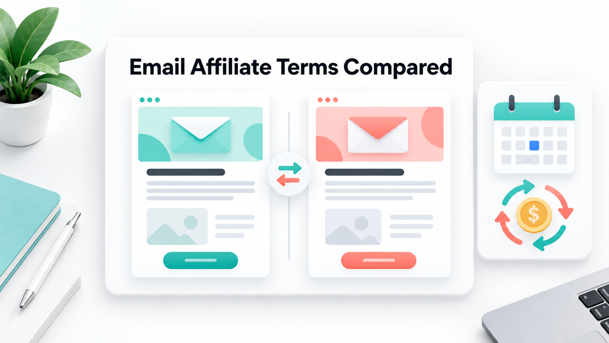 GetResponse vs AWeber affiliate programs shown as abstract email offer cards under Email Affiliate Terms Compared