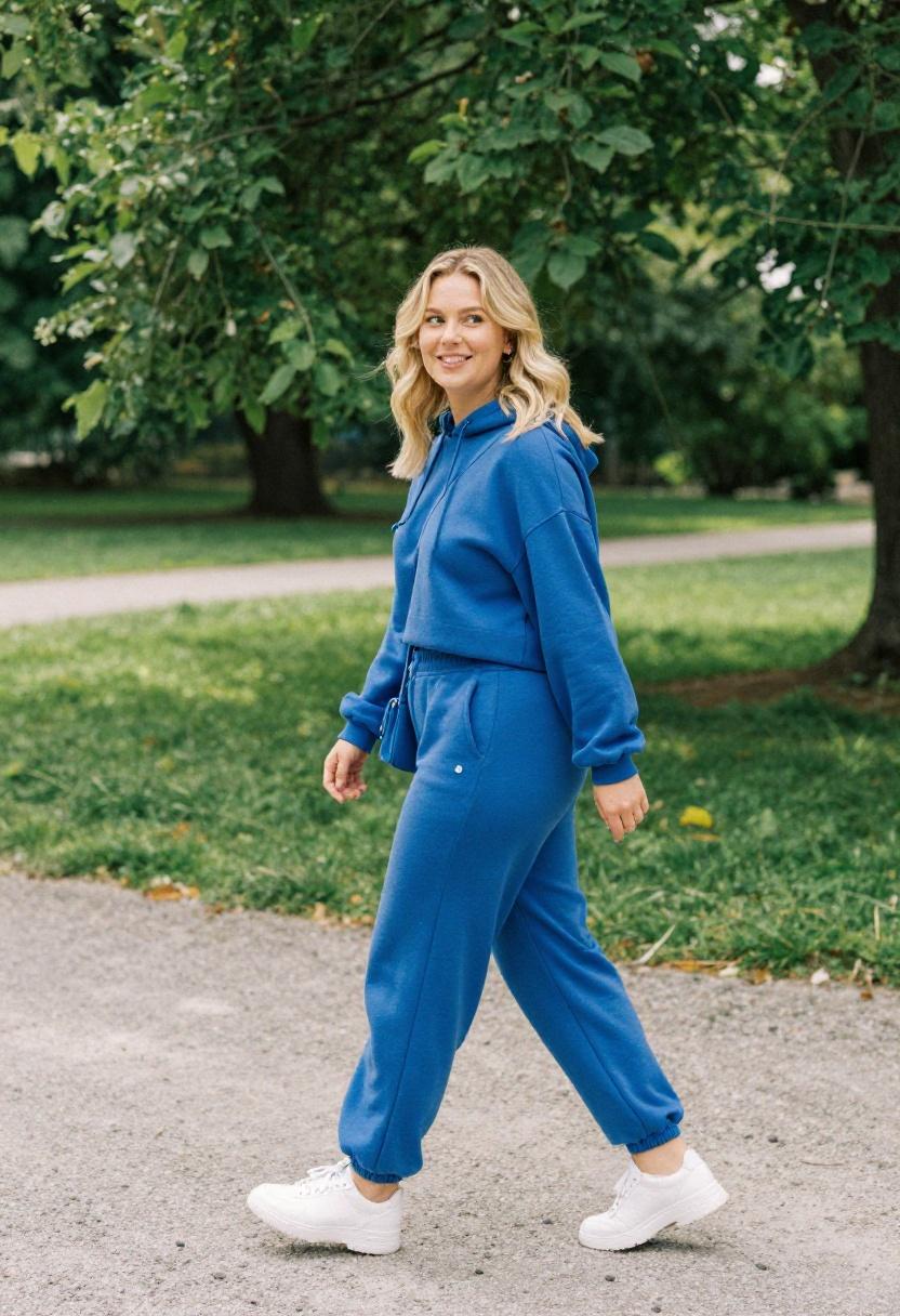 Cobalt blue lounge set glowing against a sun-dappled park path