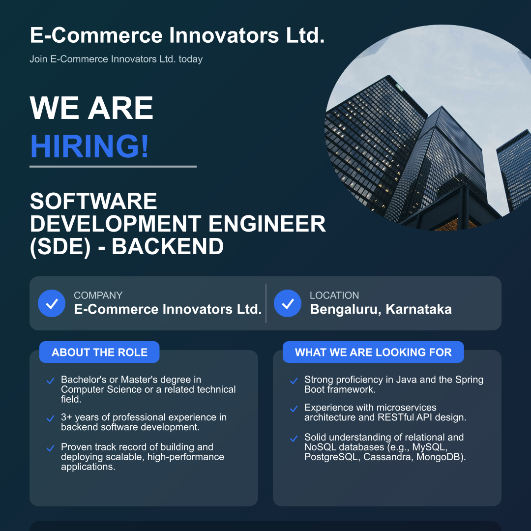 Software Development Engineer (SDE) - Backend Vacancy at E-Commerce Innovators Ltd. | Freshers & Experienced