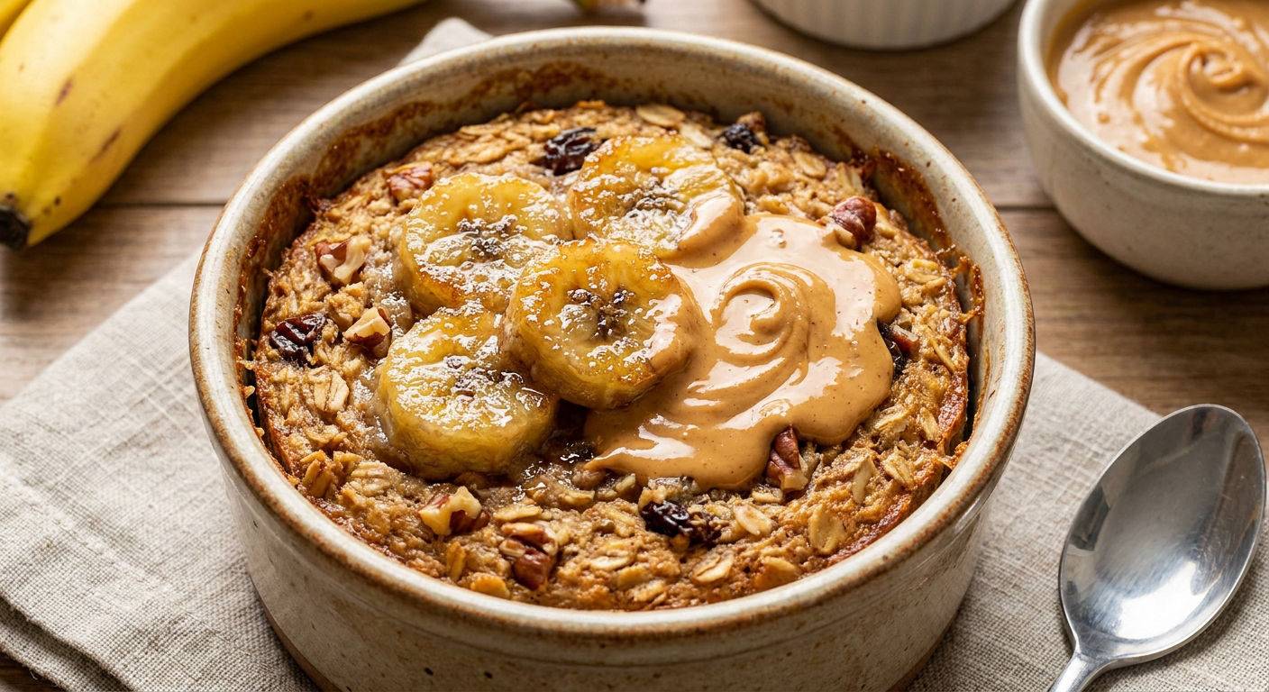 Pieczona owsianka z bananem i maslem orzechowym.