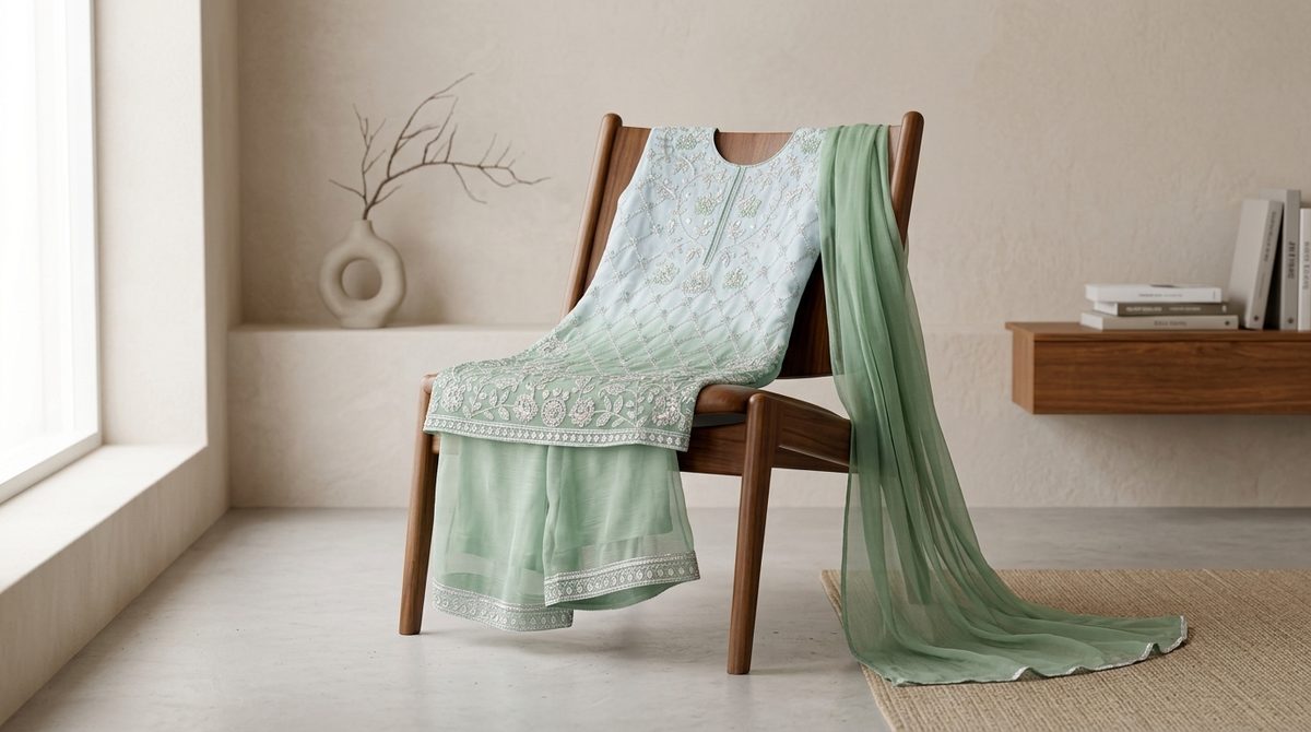 Mint green embroidered tunic and pant set with dupatta draped on a wooden chair