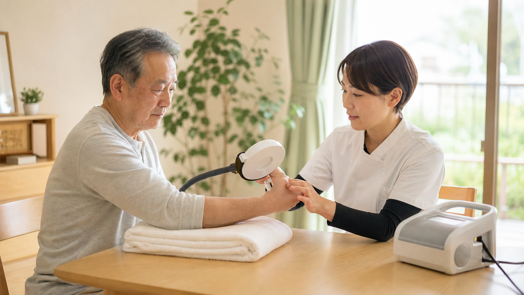脳卒中後の反復末梢磁気刺激rPMSと上肢リハビリのイメージ