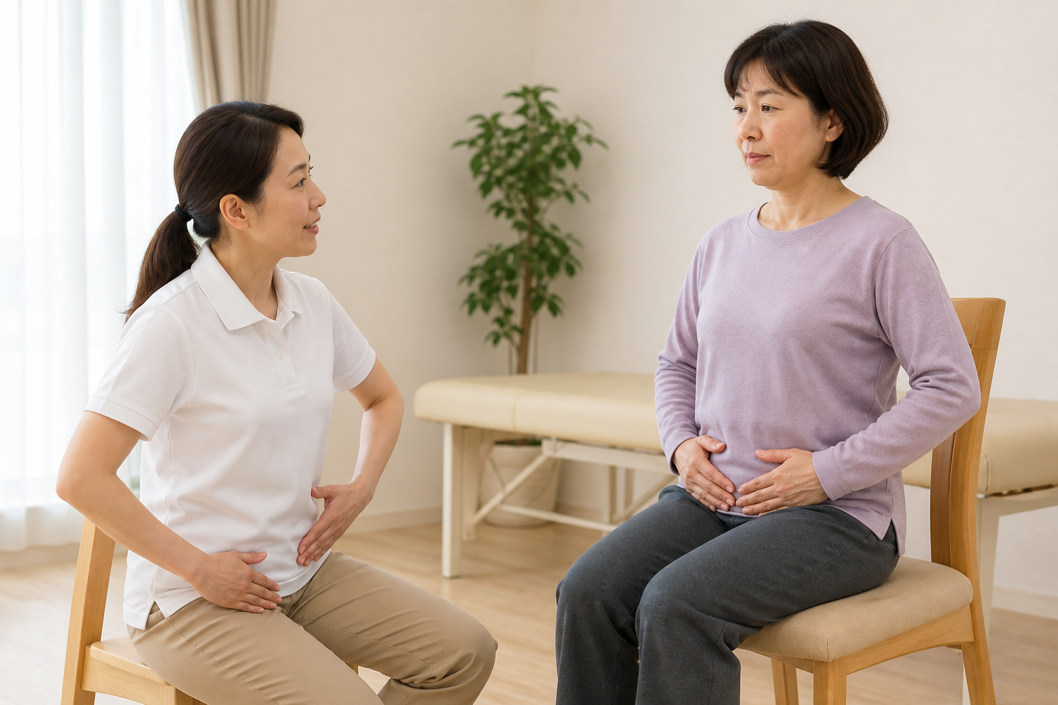 専門職の説明を受けながら座位で呼吸と骨盤底筋を意識する練習