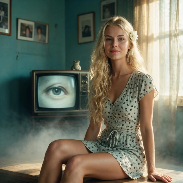 A girl with long wavy hair with a white flower tucked in, wearing a short light dress with black floral patterns and a tied waist, sitting on a wooden surface in a vintage-style room, full body view, looking forward, with sunlight through sheer curtains and mist near the floor. Background: teal walls with framed pictures, old television with an eye on screen, frog figurine. Surreal vintage style, dreamy lighting