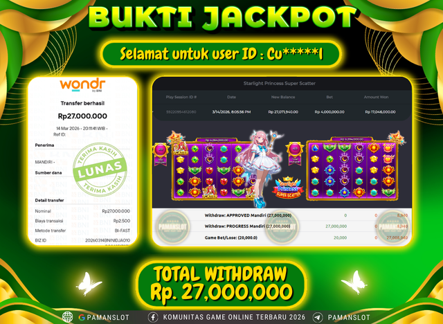 PAMANSLOT JACKPOT Game Starlight Princess Super Scatter 1000 Rp.27,000,000- LUNAS