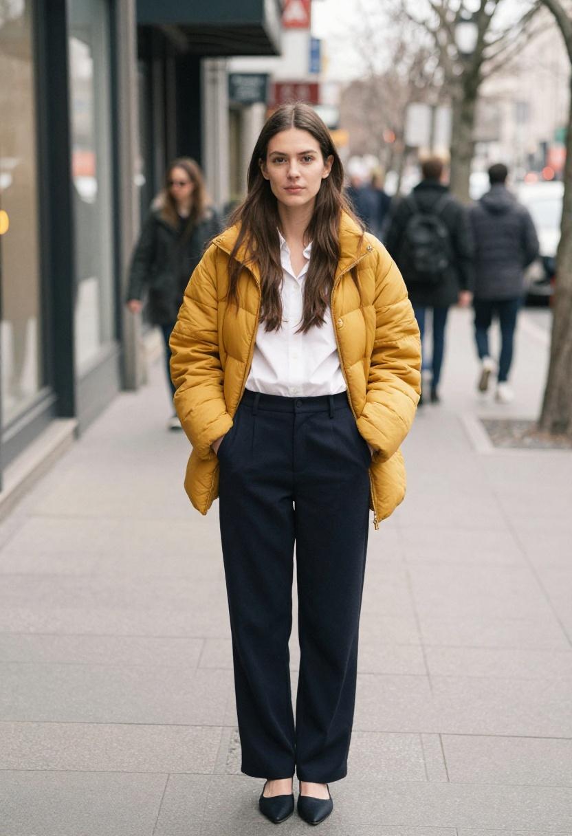 Mustard yellow longline puffer vest over crisp button-down and navy trousers for transitional style