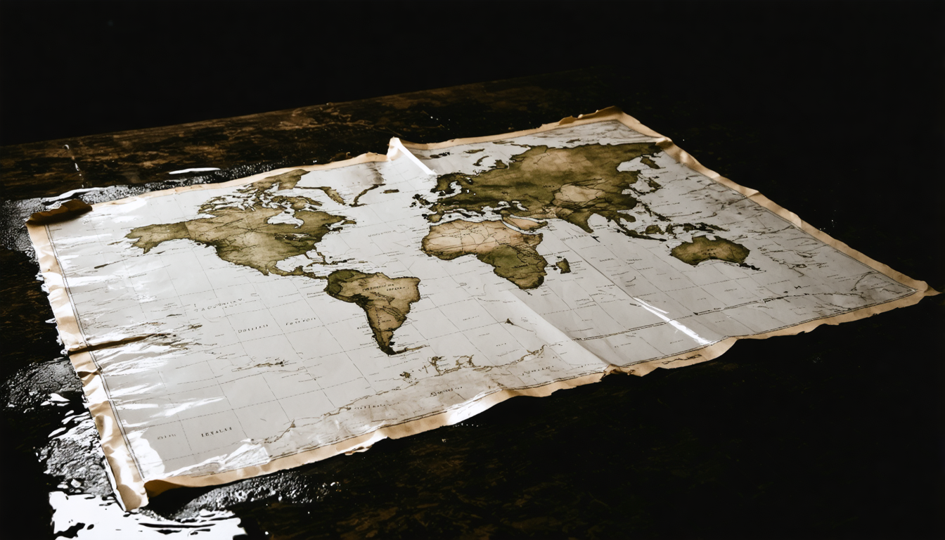 A dry laminated map resting on a dark, damp surface where water pools around it but never touches it