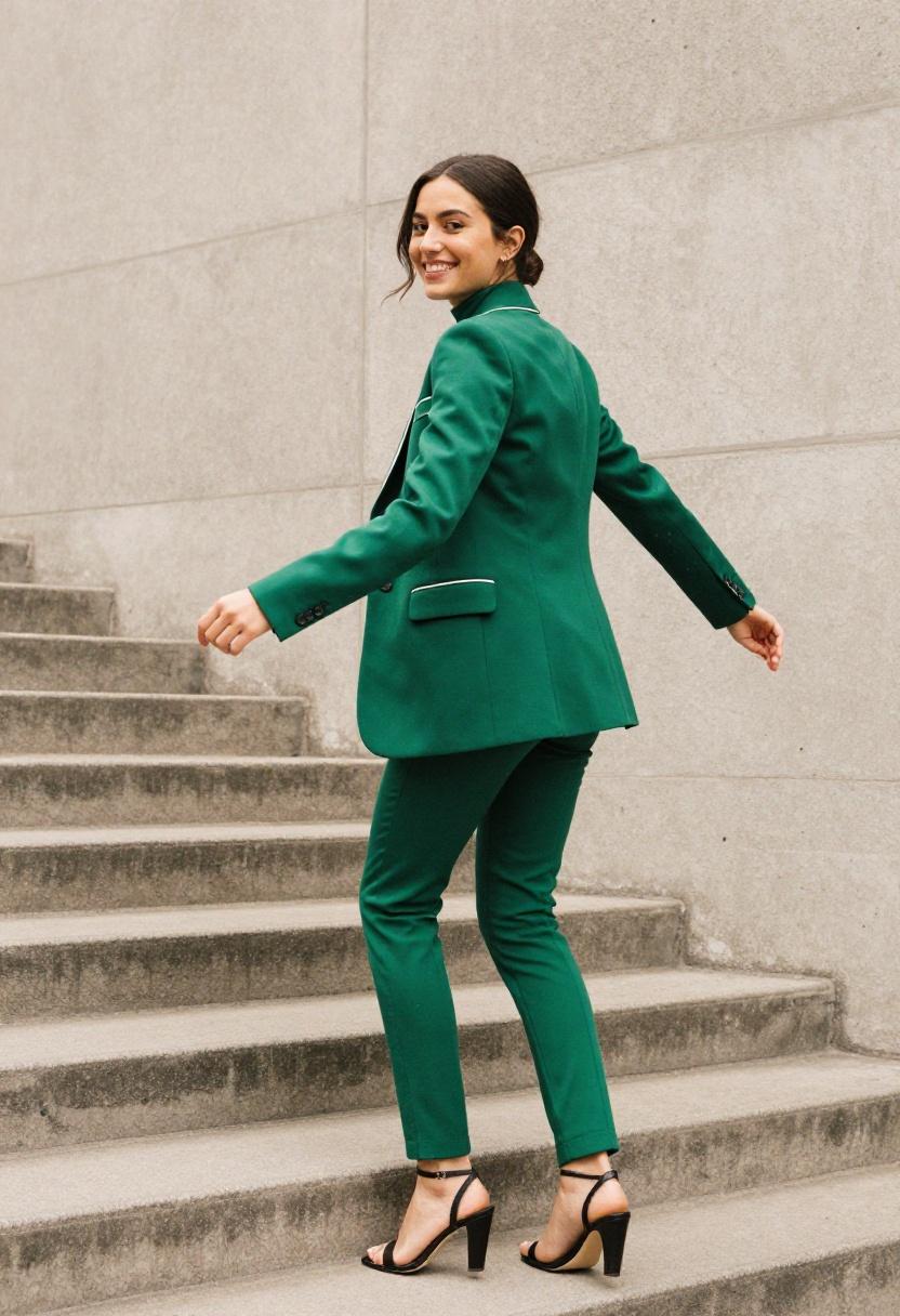Emerald turtleneck bodysuit under a coordinating structured emerald blazer for polished spring urban drama