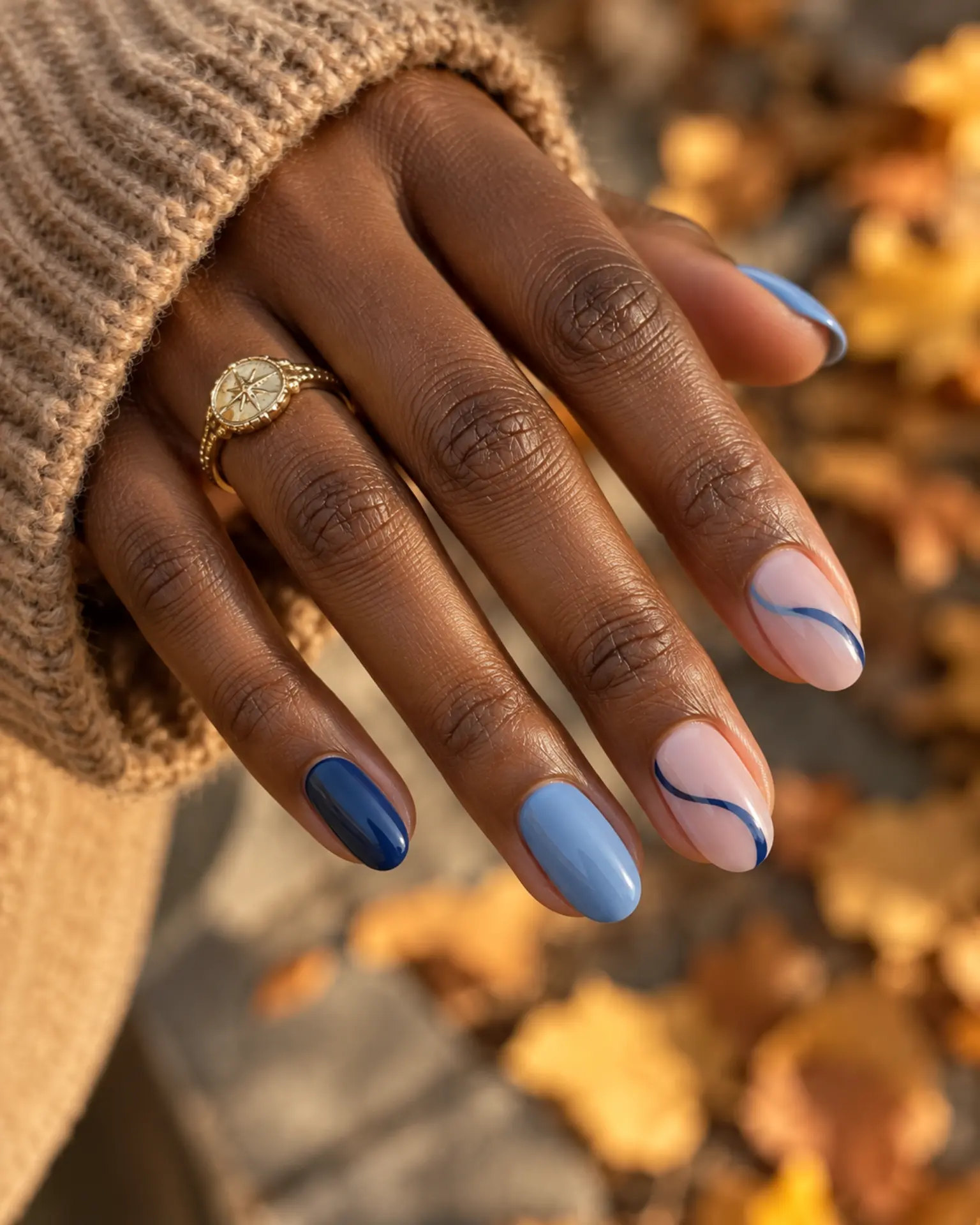Blue Fine-Line Swirl manicure inspiration for blue nail ideas