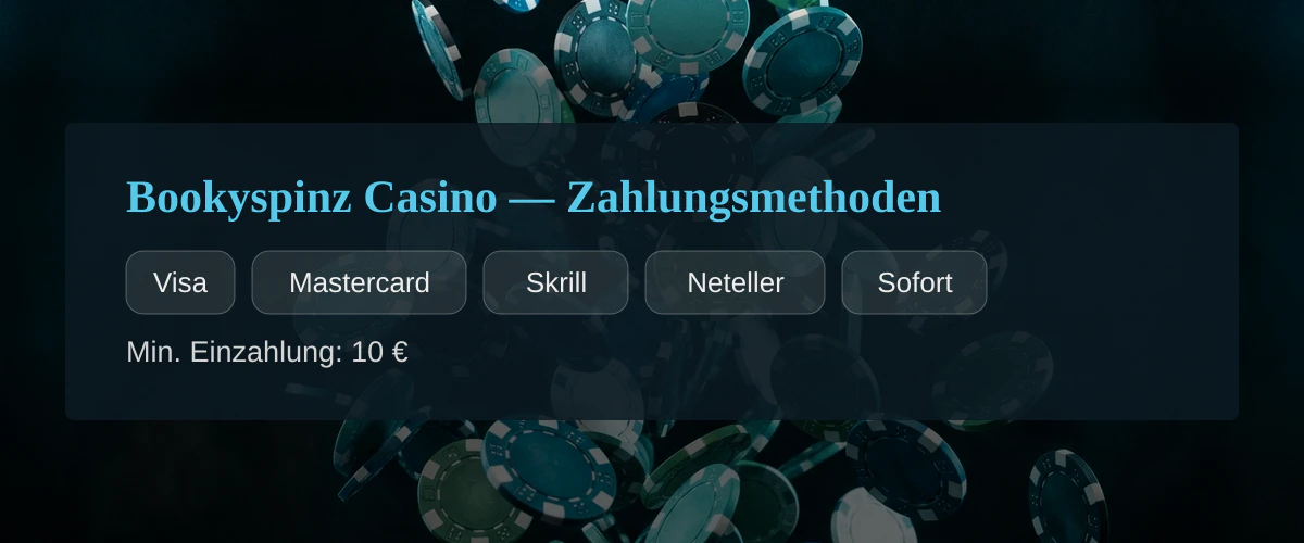 Bookyspinz Casino — Zahlungsmethoden: Visa, Mastercard, Skrill, Neteller, Sofort