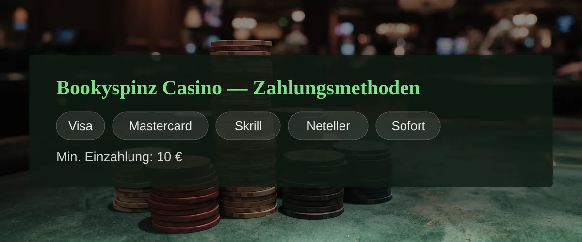 Bookyspinz Casino — Zahlungsmethoden: Visa, Mastercard, Skrill, Neteller, Sofort