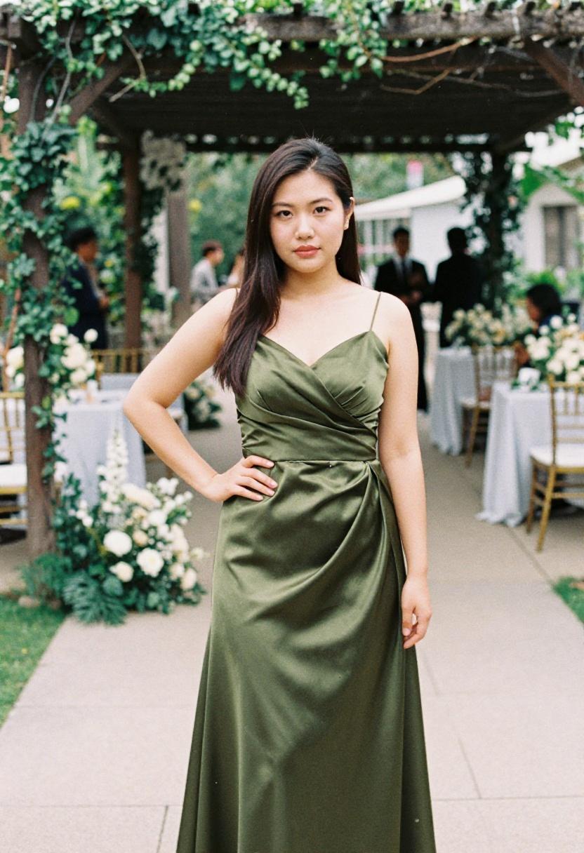 Olive green ruched satin bridesmaid gown making a glamorous statement beneath a greenery-draped pergola