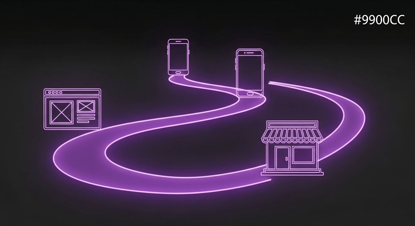 A seamless, glowing purple path connecting a website, mobile phone, and physical storefront to visualize an omnichannel customer journey.