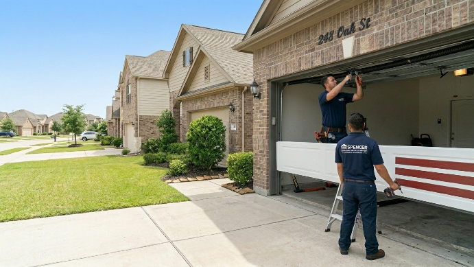 Technician installing garage door