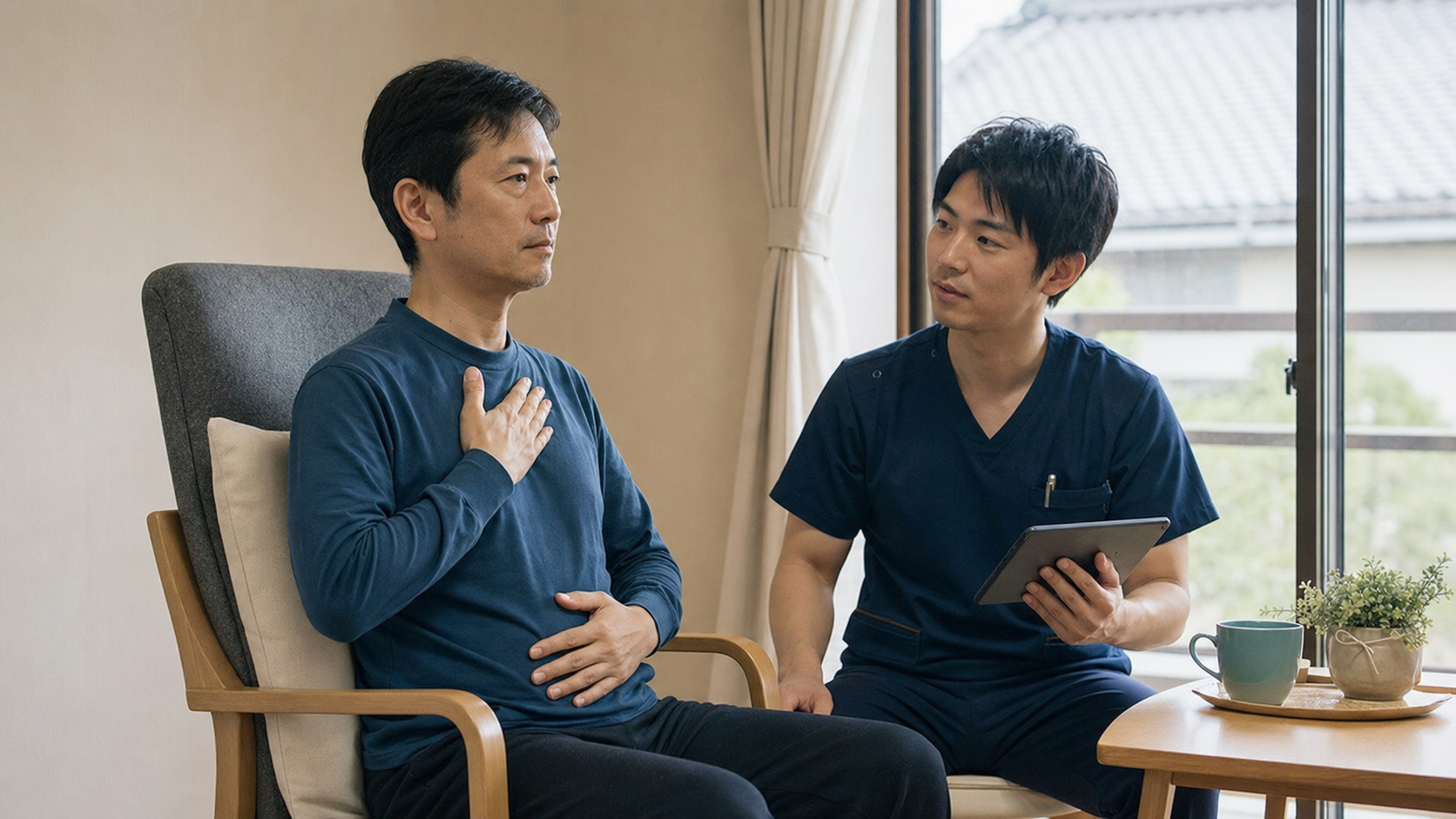 呼吸と疲労の状態を確認しながら休息をとるALSのある人とリハビリ専門職