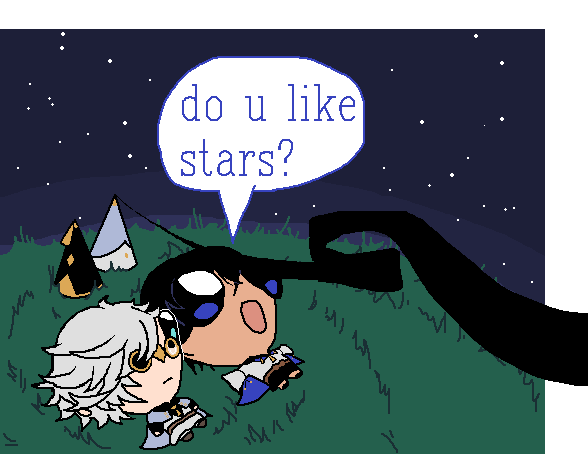 Olruggio and Qifrey lay under the stars, in the style of the popular drawing meme of 2 aliens. Olruggio has round eyes, while Qifrey has narrow eyes. The black ribbon of Qifrey's pointed cap floats forward to you, the viewer, crossing over and obscuring Olruggio's face, and it exits the image to the right. Olruggio asks, "do u like stars?"
