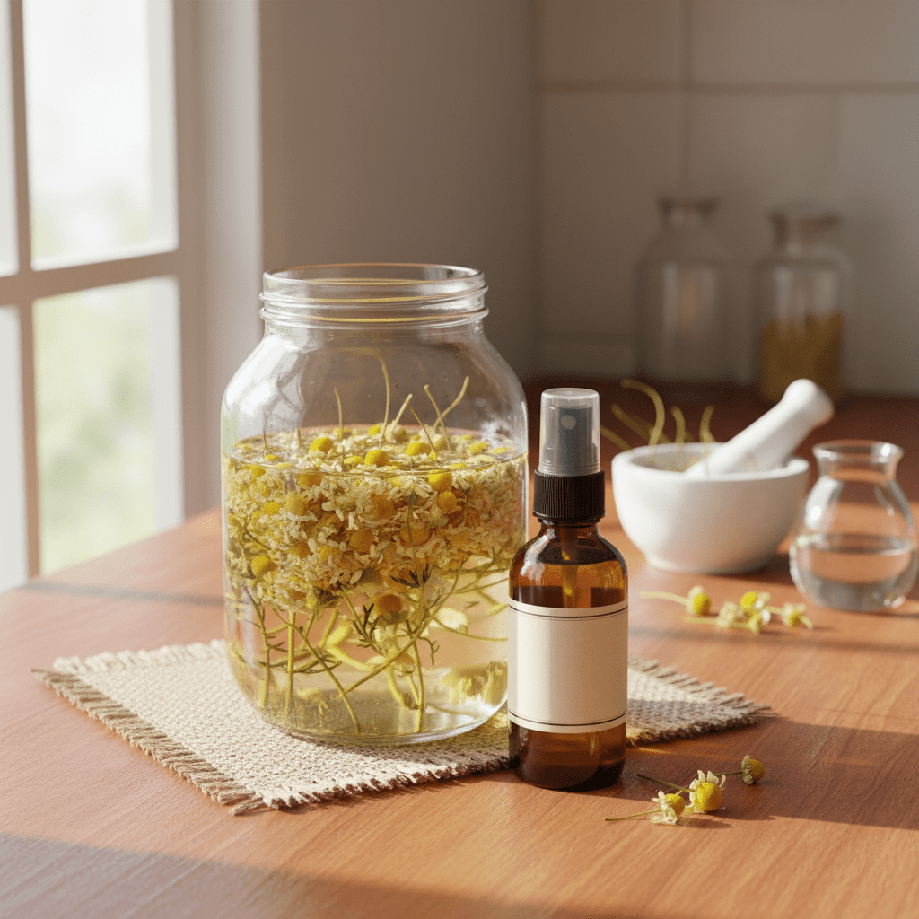 Chamomile DIY setup with dried flowers, water, and a spray bottle