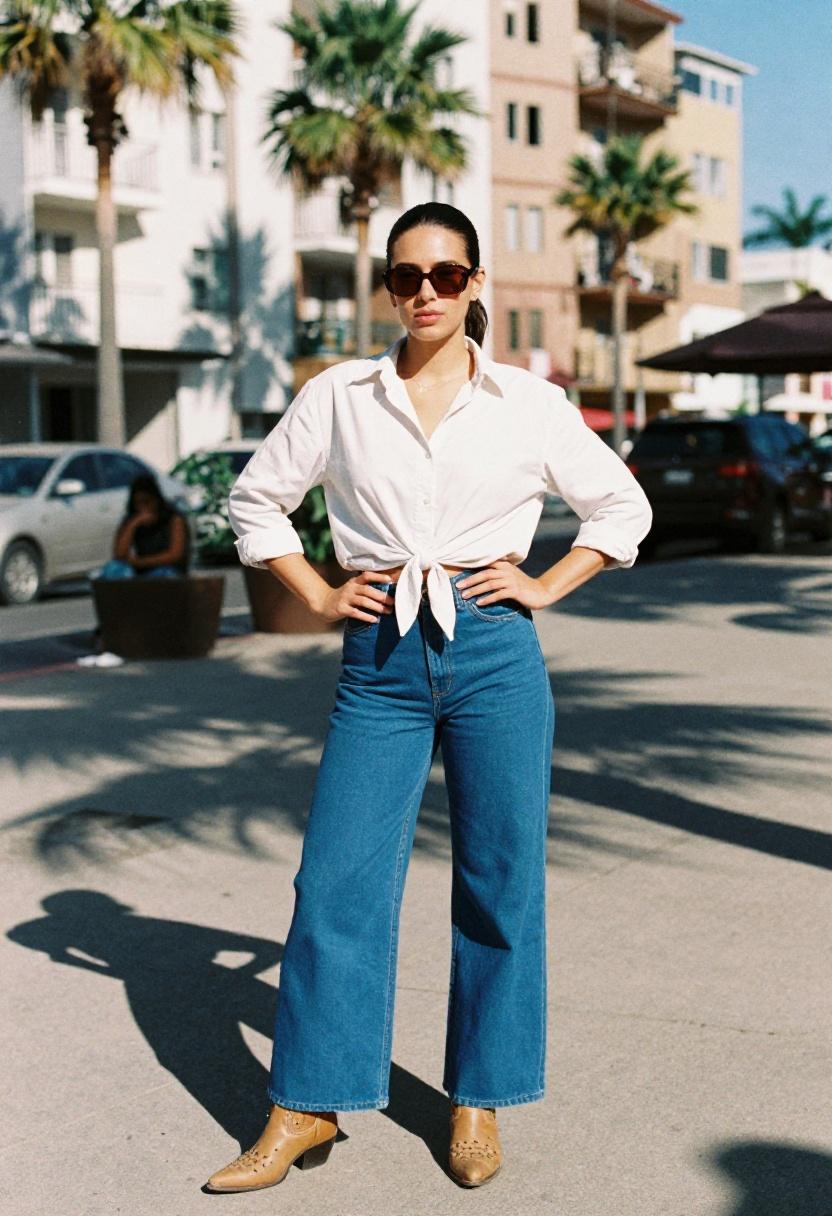 Cobalt blue western trousers with knotted white shirt for a bold rodeo statement