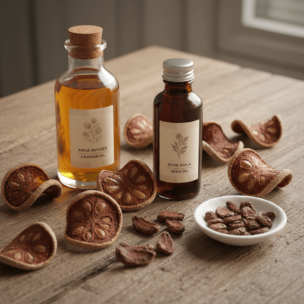 A side-by-side studio comparison of amla fruit oil and amla seed oil with natural ingredients