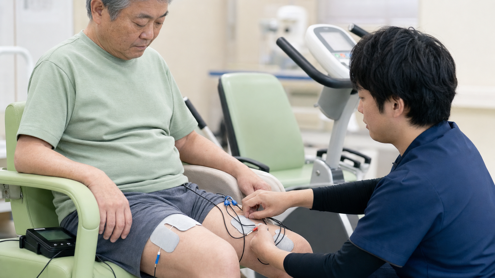 専門職がFESサイクリング前に下肢の皮膚状態と電極位置を確認する様子