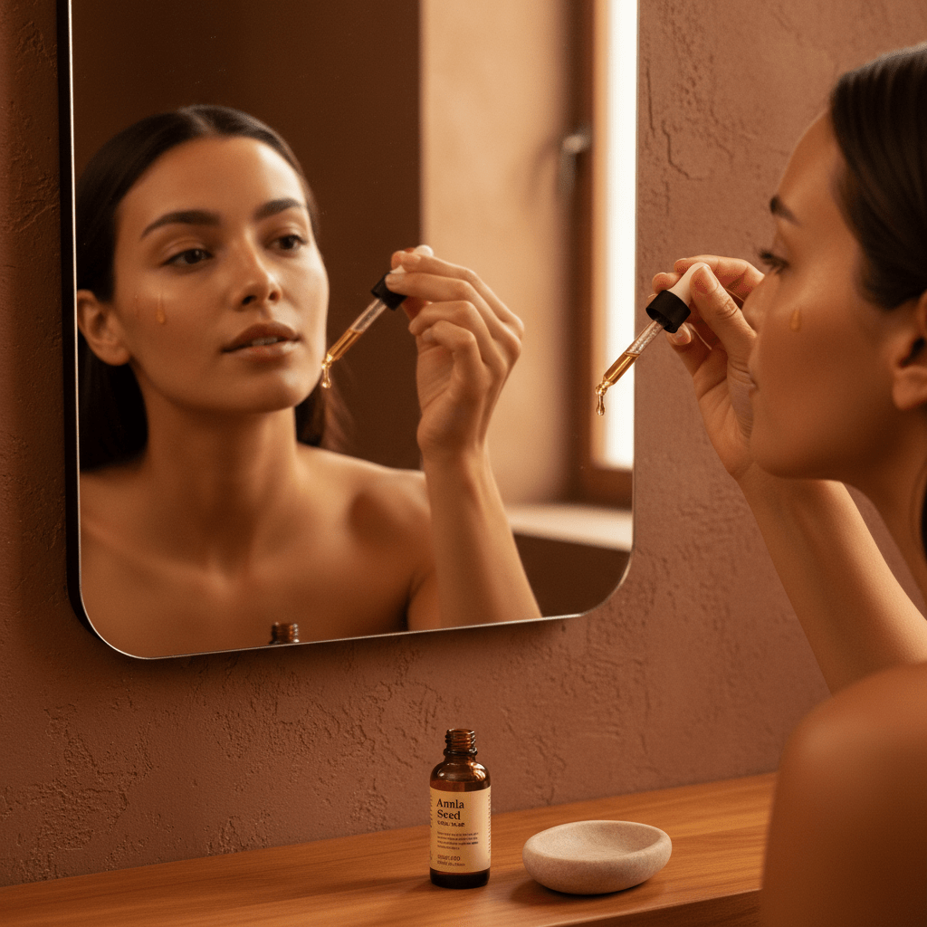 Woman applying amla seed oil to glowing skin