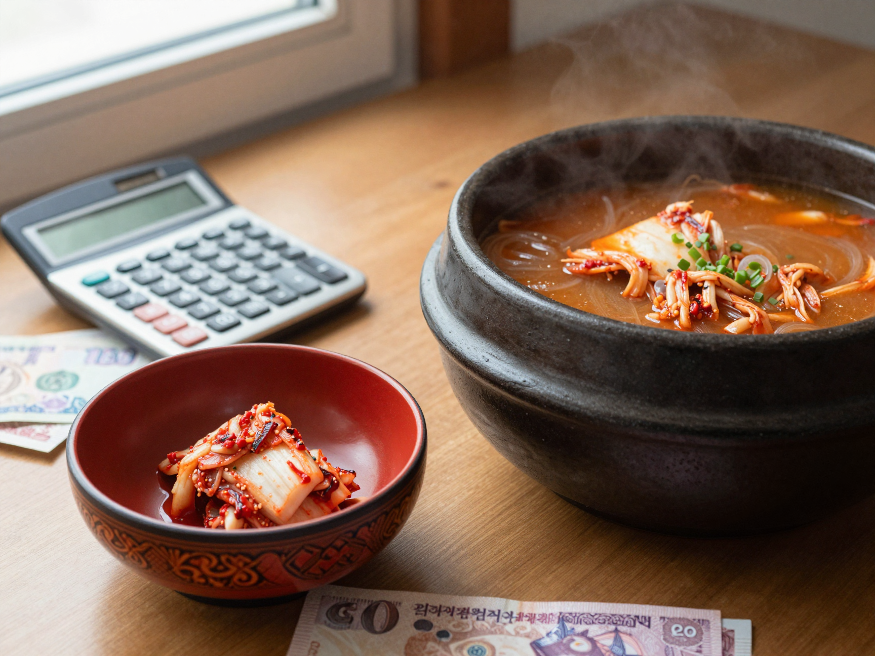 나무 식탁 위에 베트남 옻칠 그릇의 소량 퍼와 뚝배기 김치찌개, 빈 계산기와 베트남 동 지폐가 놓여 자연광을 받는 모습