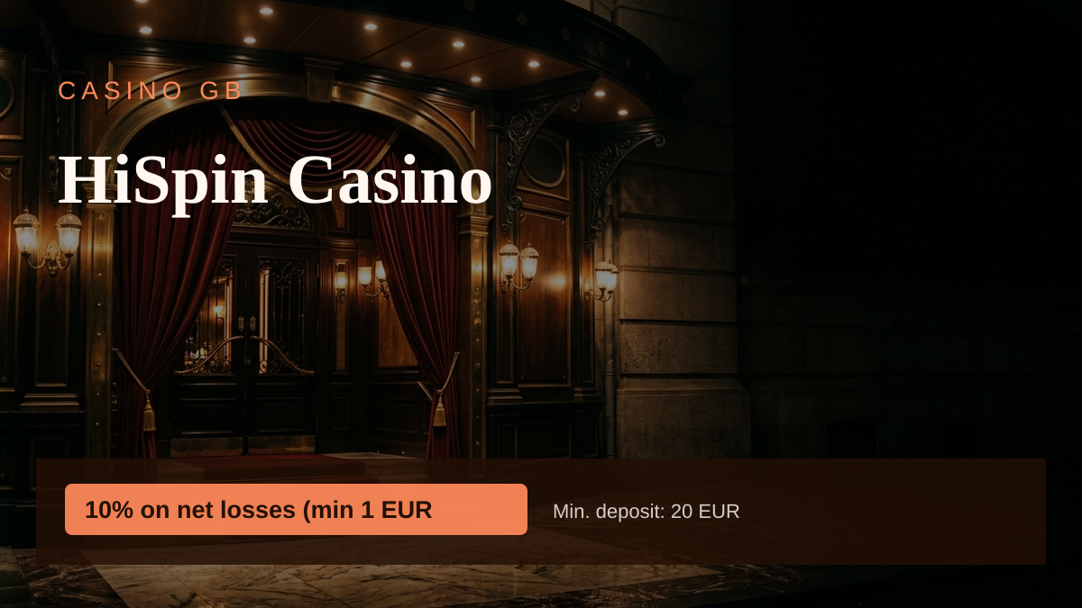 HiSpin Casino — welcome bonus 10% on net losses (min 1 EUR