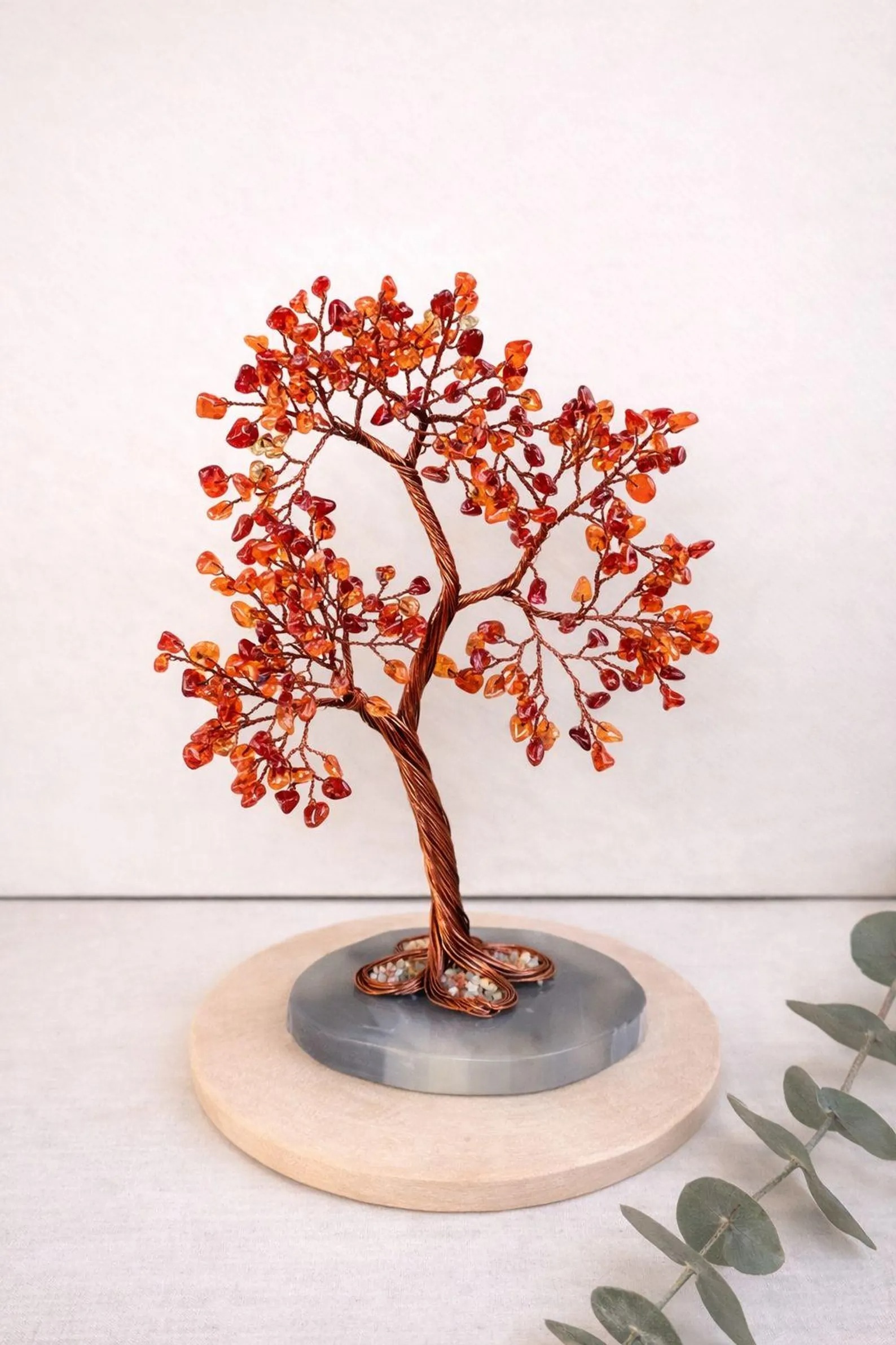 Carnelian Crystal Tree of Life, Copper Bonsai Sculpture, Agate Base