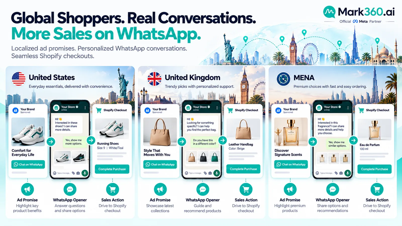 Global Click-to-WhatsApp opener examples for US UK and MENA Shopify campaigns