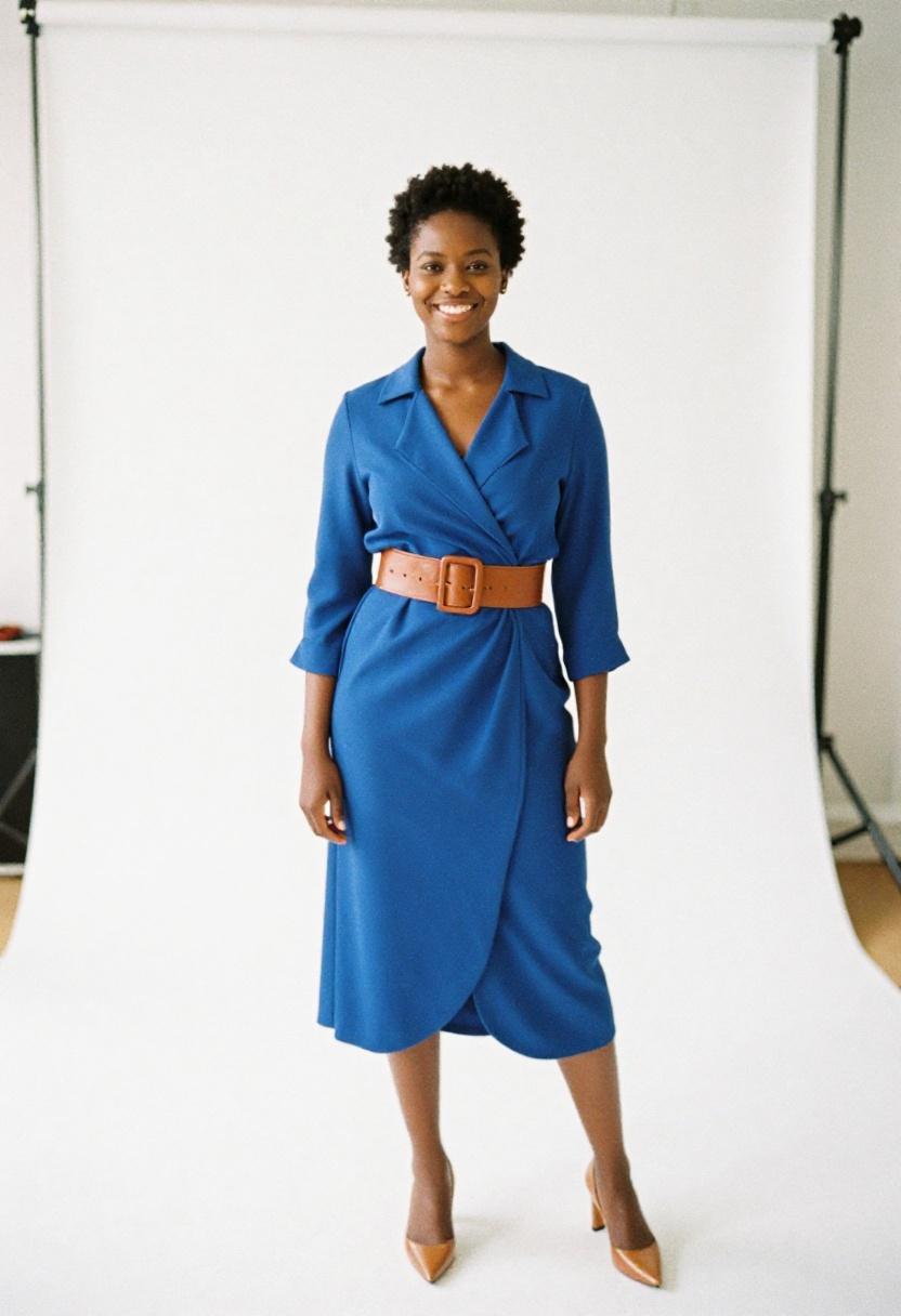 Cobalt wrap dress with wide cognac belt for standout professional date night look