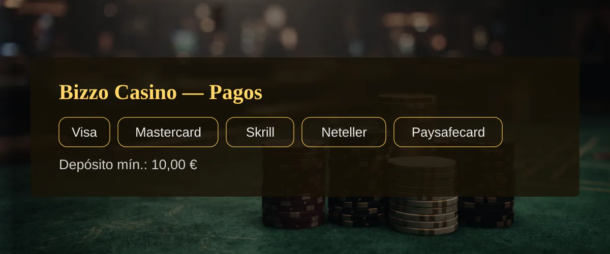 Bizzo Casino  Pagos: Visa, Mastercard, Skrill, Neteller, Paysafecard