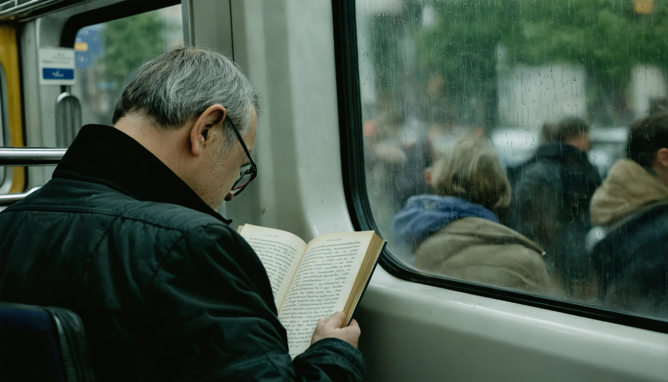 A man reading a worn paperback on a light rail car, soft daylight through the windows, other passengers blurred around him — the picture of ease that turns out to be quiet work.