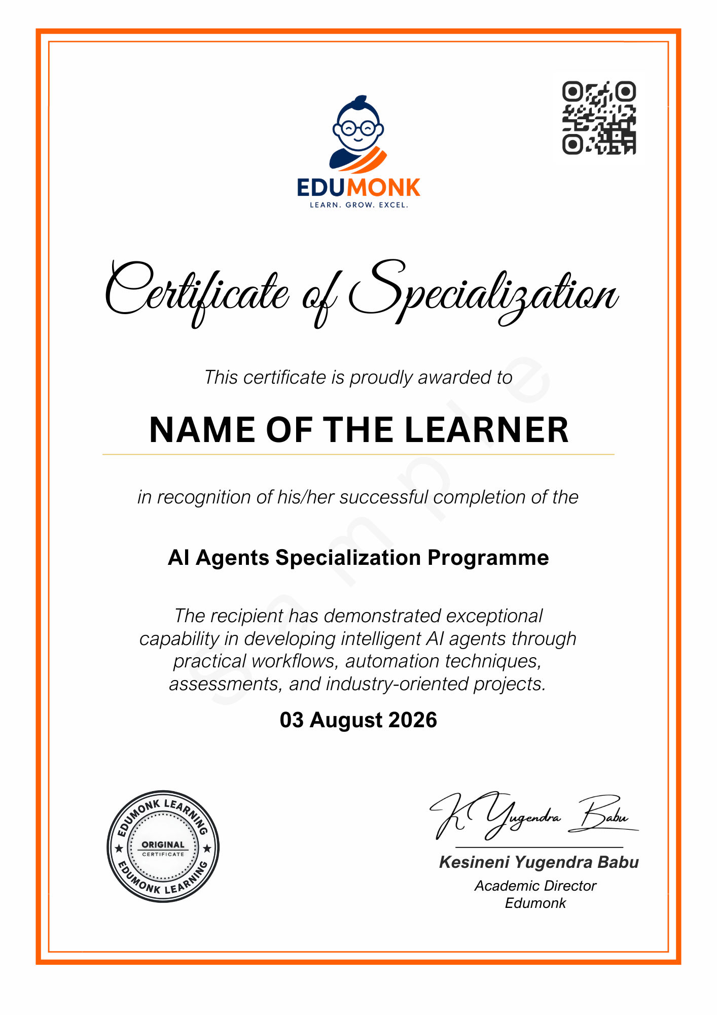Sample EduMonk AI Agents Certificate of Specialisation showing the programme credential layout