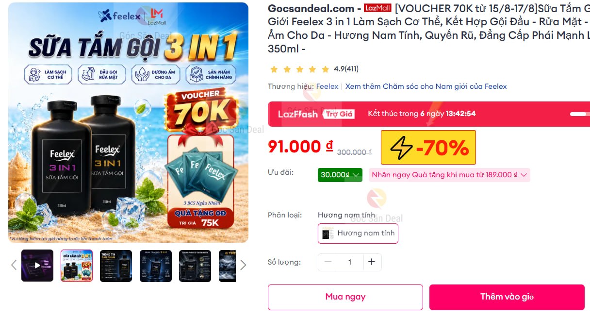 [VOUCHER 70K từ 15/8-17/8]Sữa Tắm Gội Nam Giới Feelex 3 in 1 Làm Sạch Cơ Thể, Kết Hợp Gội Đầu - Rửa Mặt - Dưỡng Ẩm Cho Da - Hương Nam Tính, Quyến Rũ, Đẳng Cấp Phái Mạnh Lọ 350ml -
