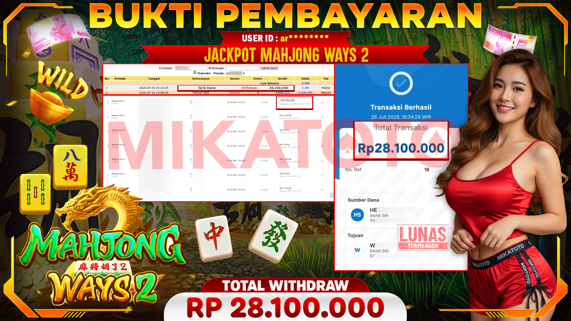 🏆 SELAMAT KEPADA PEMENANG JACKPOT DI Mahjong Ways 2- PGSoft 28,100,000🏆