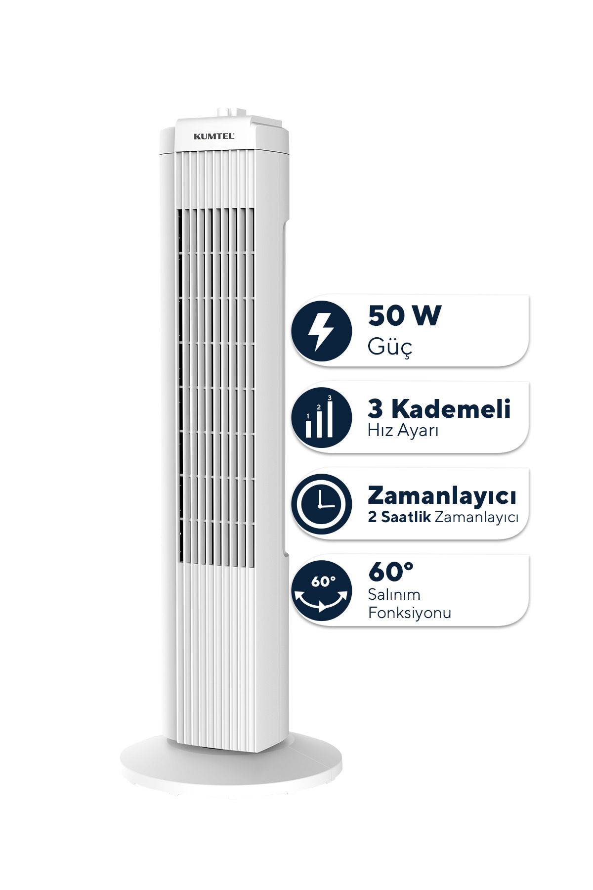 KUMTEL KTF-258W Kule Tipi Beyaz Vantilatör – 50W Zaman Ayarlı - 3 Hız Kademeli - Sessiz Çalışma