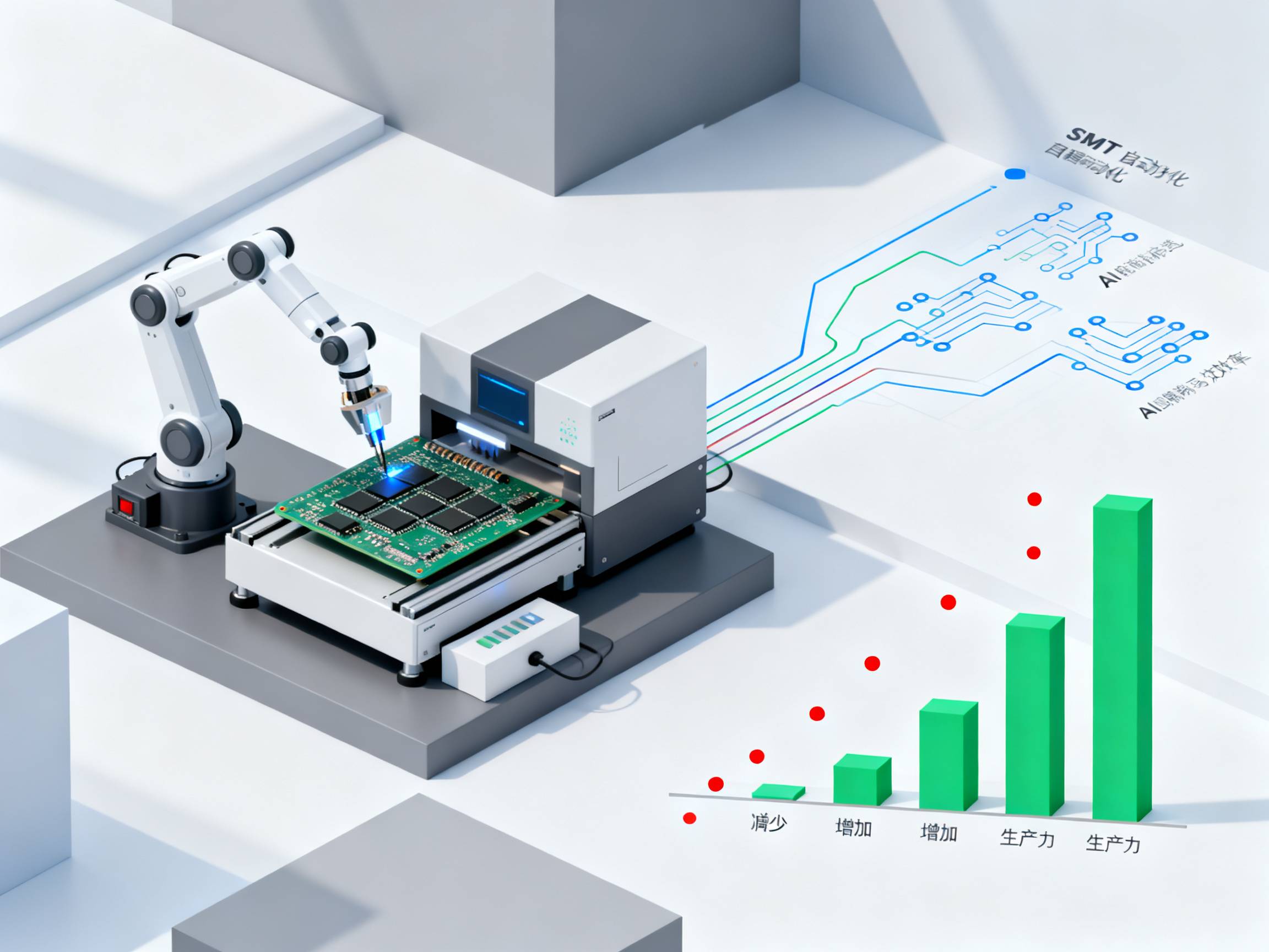 Automation in SMT with robotics and AI.