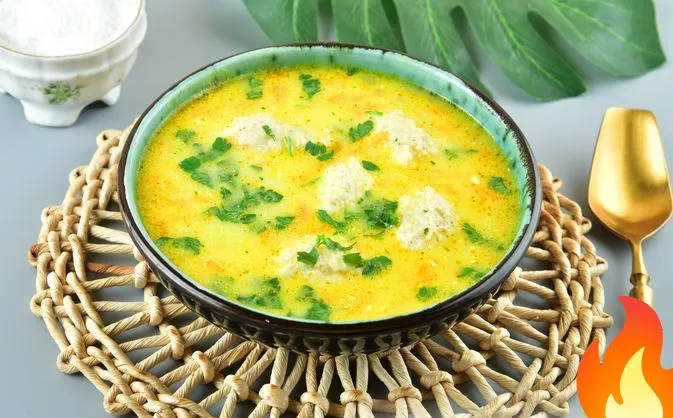 Постер Сырный суп с рисом и куриными кнелями