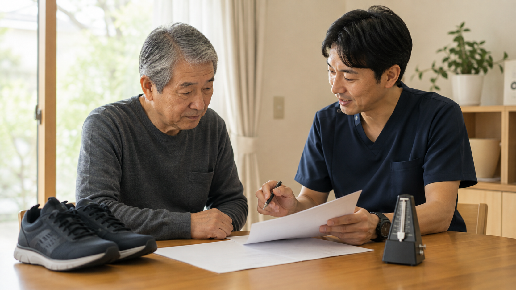 療法士と自宅での歩行練習計画を確認する様子