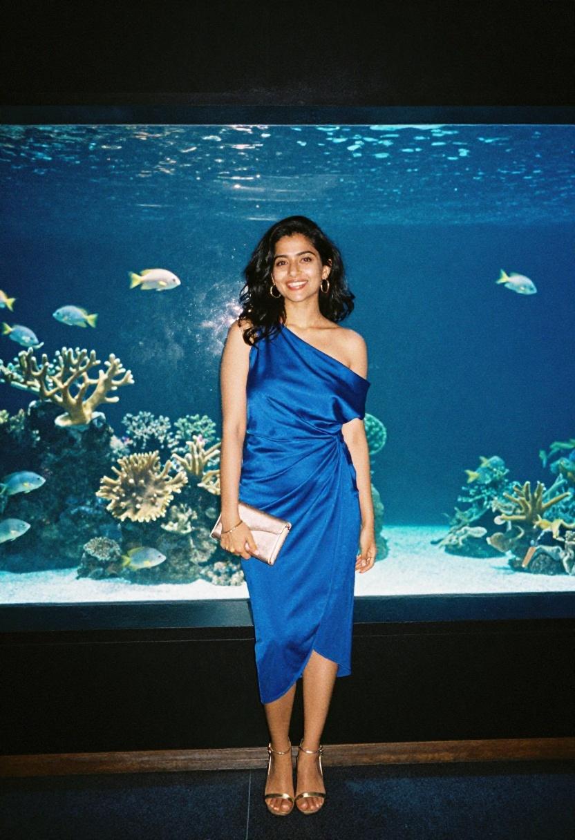 Vivid blue wrap dress catching the luminous glow of a tropical fish tank on an aquarium date