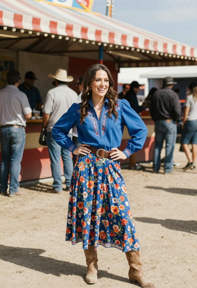 Cobalt blue embroidered western blouse with floral midi skirt for cheerful rodeo-ready style