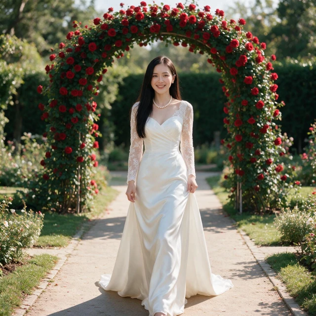 A girl with long sleeves, lace, wearing a white silk wedding dress and pearl necklace, walking down a garden aisle, arch with red roses, smiling happy, full body view
