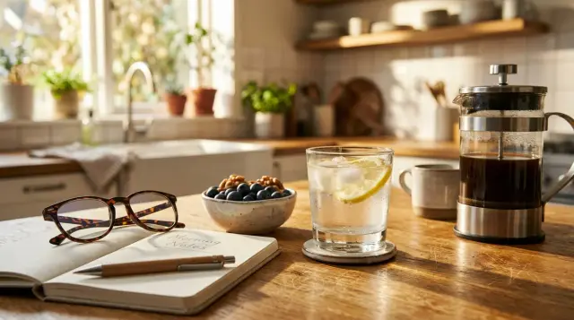 Sunlit countertop with lemon water, berries, coffee, and blue-light glasses, calm wellness mood