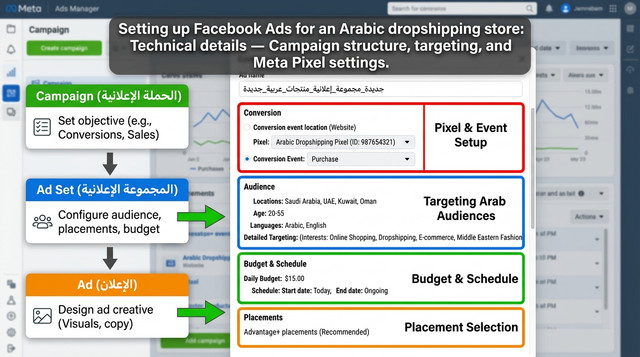 إعداد Facebook Ads لمتجر دروب شيبينج عربي التفاصيل التقنية — هيكل الحملة والاستهداف وإعدادات Meta Pixel