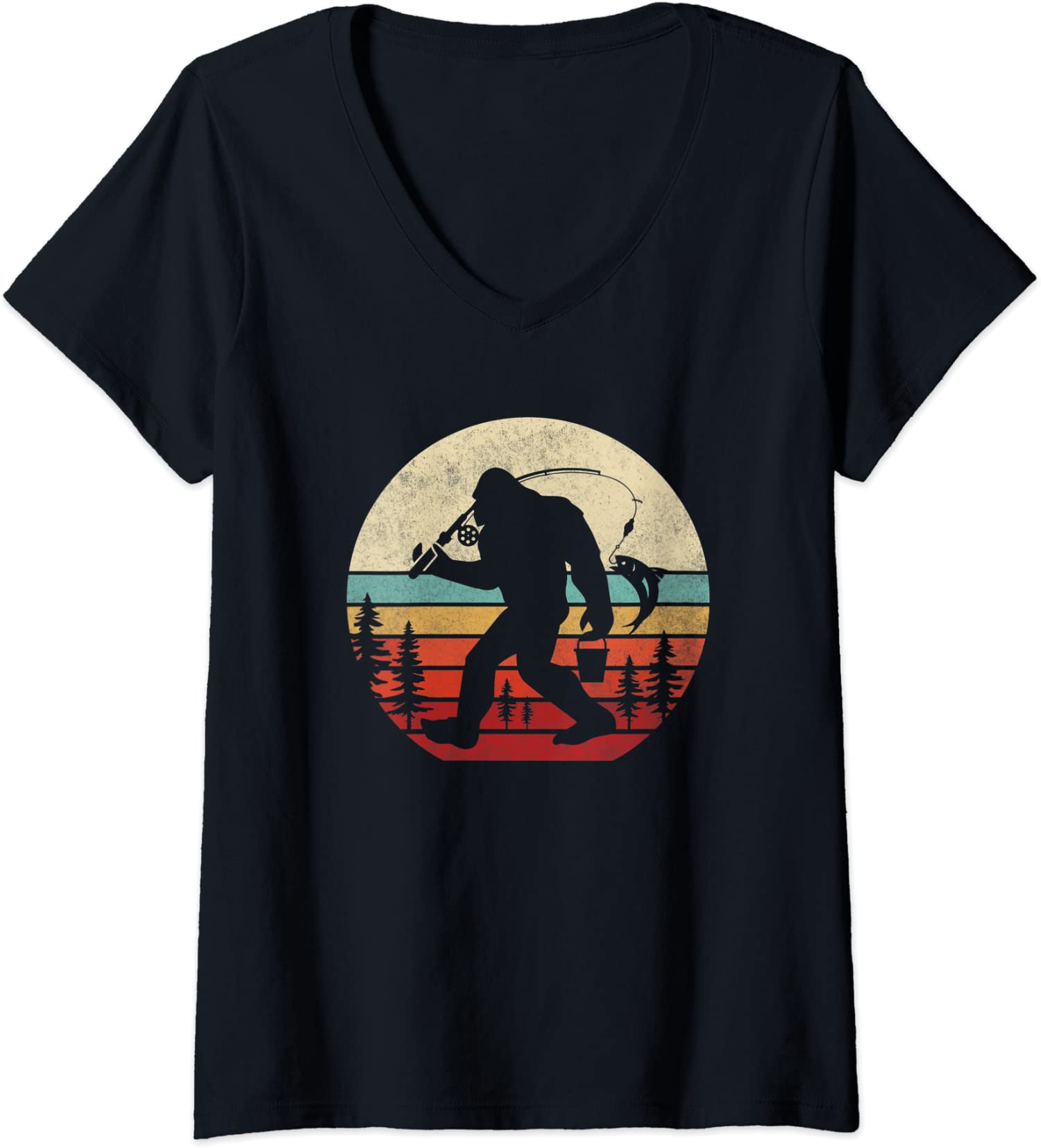 Bigfoot Fishing Funny Retro Sasquatch Dad Men Kids Ladies’ V-Neck Tshirt
