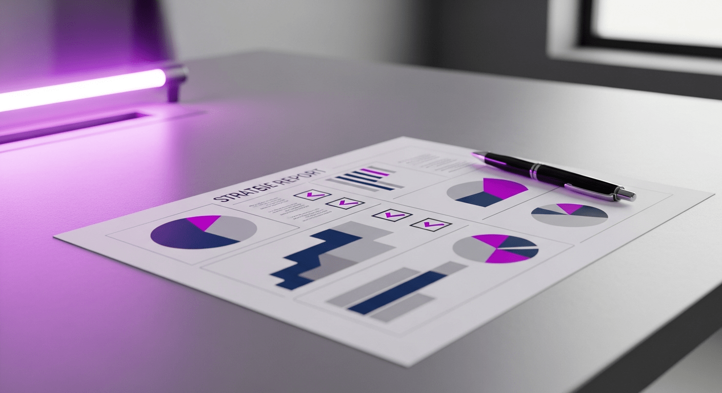 Close-up of a modern desk with a printed marketing report and pen, where the paper shows abstract charts and checkmarks, accented with soft purple #9900CC lighting, representing strategic review.