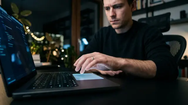 Hand hovering over glowing laptop trackpad, contemplative expression, cool blue ambient light
