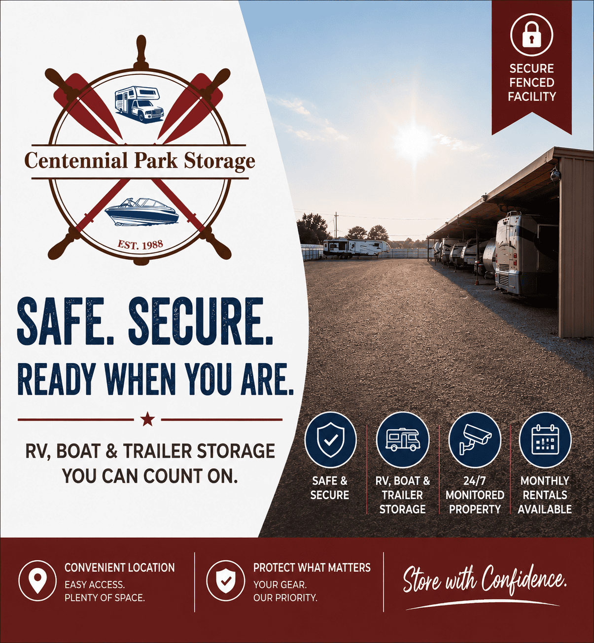 Centennial Park Storage flyer and social graphic