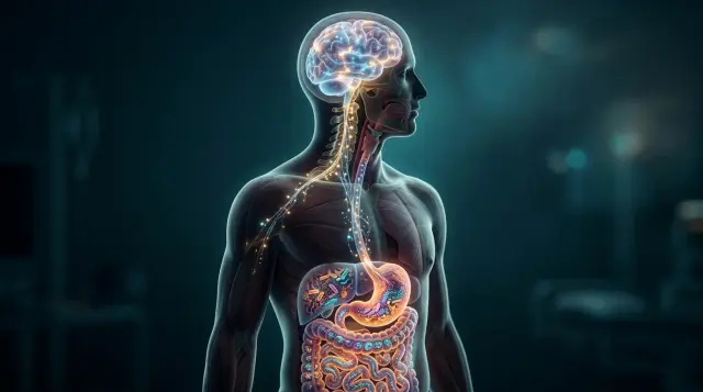 Glowing neural pathway connecting illuminated gut microbiome to brain, dark moody background
